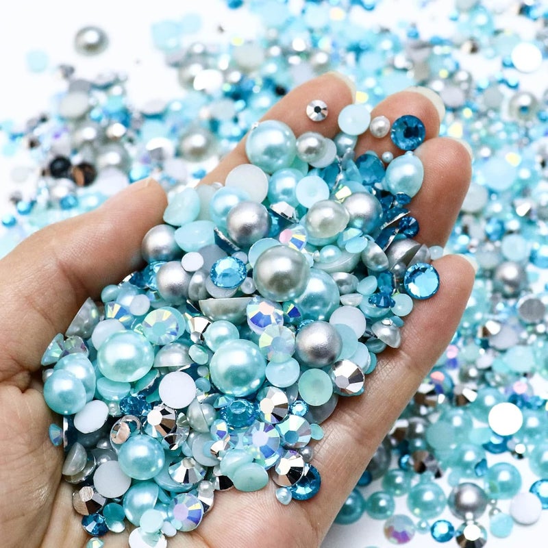 Towenm Townem 60g Mix Pearls and Rhinestones, Flatback Rhinestones and Pearls for Crafts Tumblers Shoes Nails Face Art, Mixed Sizes 2mm-10mm, Aquamarine|Silver|Gray - Image 2